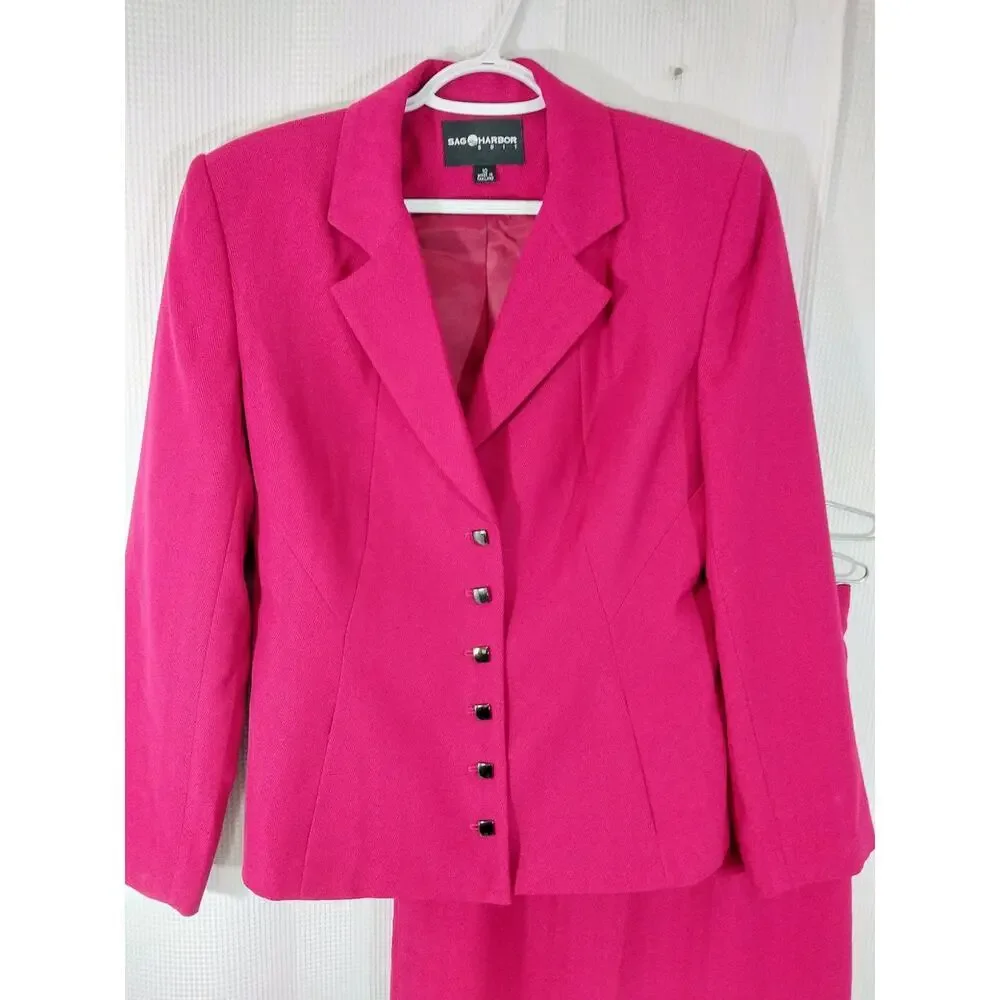 SAG HARBOR! FUSCHIA PINK, 6 BUTTON, 2 PC SKIRT & JACKET, BLAZER SUIT SET! SZ 10